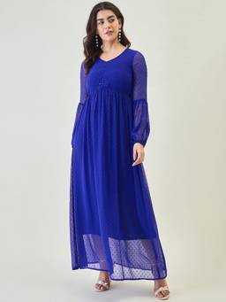 AAYU - Women Blue Solid V-Neck Full Sleeves Dress