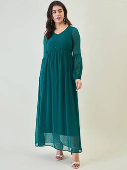 AAYU - Women Green Solid V-Neck Full Sleeves Dress