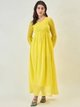 AAYU - Women Yellow Solid V-Neck Full Sleeves Dress