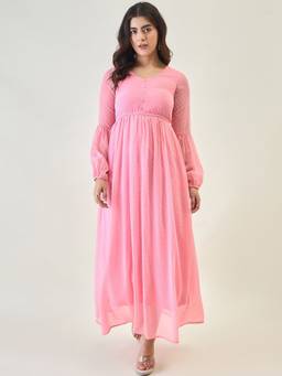 AAYU - Women Pink Solid V-Neck Full Sleeves Dress