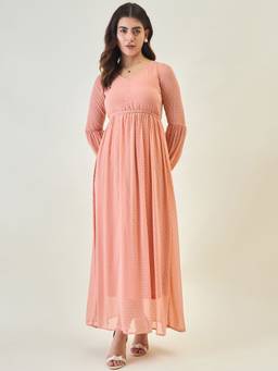 AAYU - Women Peach Solid V-Neck Full Sleeves Dress
