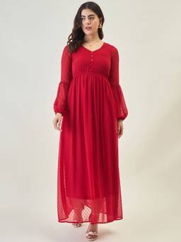 AAYU - Women Red Solid V-Neck Full Sleeves Dress