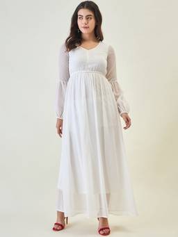 AAYU - Women White Solid V-Neck Full Sleeves Dress