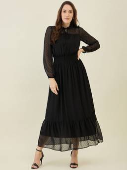 AAYU - Women Black Solid Mandarin Neck Half Sleeve Dress