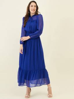AAYU - Women Blue Solid Mandarin Neck Half Sleeve Dress