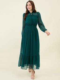 AAYU - Green Women Solid Mandarin Neck Half Sleeves Dress