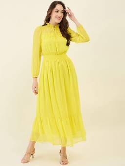 AAYU - Women Yellow Solid Mandarin Neck Half Sleeve Dress