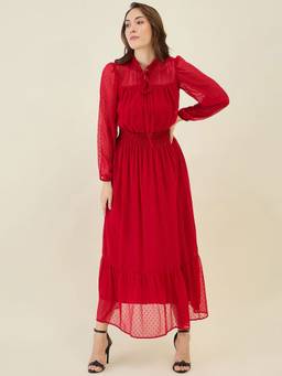 AAYU - Women Red Solid Mandarin Neck Half Sleeve Dress