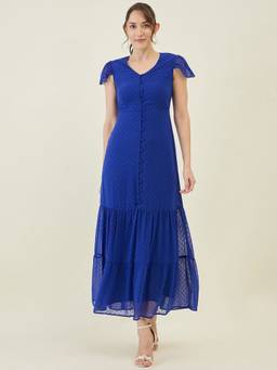 AAYU - Women Blue Solid V-Neck Cap Dress