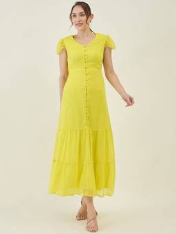 AAYU - Women Yellow Solid V-Neck Cap Dress
