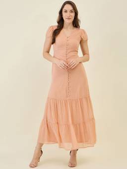AAYU - Women Peach Solid V-Neck Cap Dress