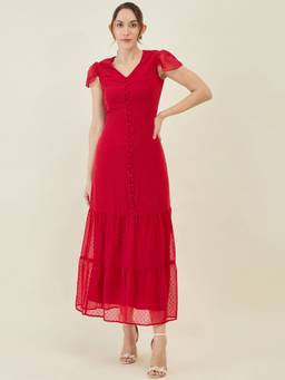 AAYU - Women Red Solid V-Neck Cap Dress
