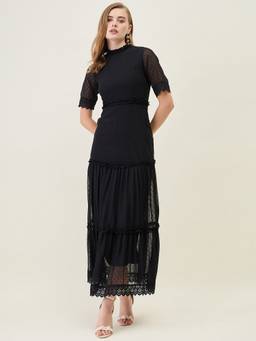 AAYU - Black Women Solid Mandarin Neck Half Sleeves Dress