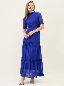 AAYU - Blue Women Solid Mandarin Neck Half Sleeves Dress