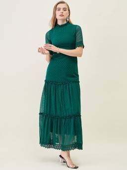 AAYU - Green Womens Solid Mandarin Neck Half Sleeves Dress