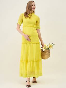 AAYU - Yellow Women Solid Mandarin Neck Half Sleeves Dress