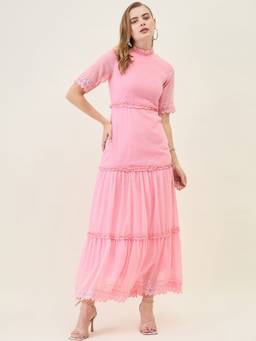 AAYU - Pink Women Solid Mandarin Neck Half Sleeves Dress