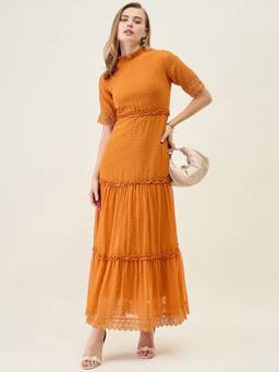 AAYU - Mustard Women Solid Mandarin Neck Half Sleeves Dress