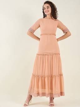 AAYU - Peach Women Solid Mandarin Neck Half Sleeves Dress