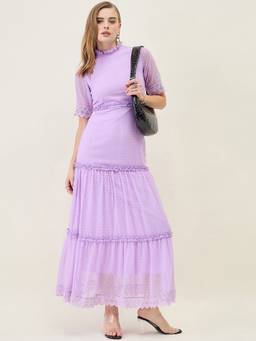 AAYU - Purple Women Solid Mandarin Neck Half Sleeves Dress