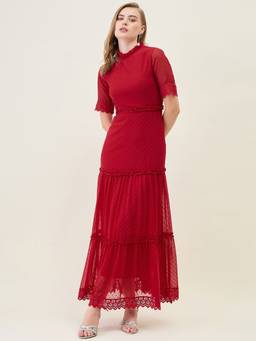 AAYU - Red Women Solid Mandarin Neck Half Sleeves Dress