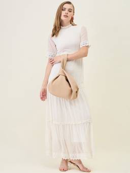 AAYU - White Women Solid Mandarin Neck Half Sleeves Dress