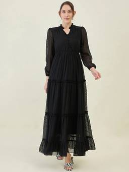 AAYU - Women Black Solid Mandarin Neck Full Sleeves Dress