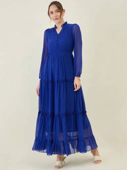 AAYU - Women Blue Solid Mandarin Neck Full Sleeves Dress