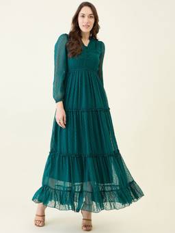 AAYU - Women Green Solid Mandarin Neck Full Sleeves Dress