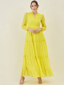 AAYU - Women Yellow Solid Mandarin Neck Full Sleeves Dress