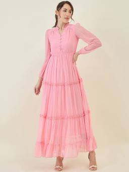 AAYU - Women Pink Solid Mandarin Neck Full Sleeves Dress