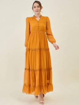 AAYU - Women Mustard Solid Mandarin Neck Full Sleeves Dress