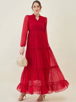 AAYU - Women Red Solid Mandarin Neck Full Sleeves Dress