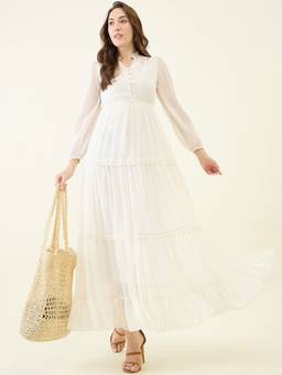 AAYU - Women White Solid Mandarin Neck Full Sleeves Dress