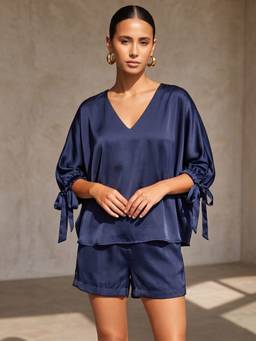 AOBA - Women Blue Solid Satin Co-ord