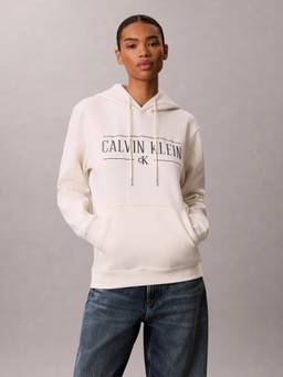 Calvin Klein - Off White Relaxed Fit Cotton Hooded Neck Hoodie