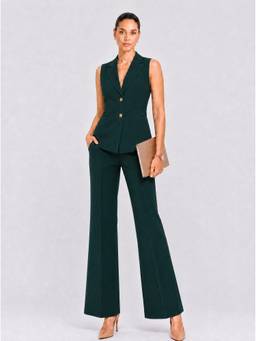 Powersutra - Womens Bottle Green Sleeveless Single-Breasted Co-ord