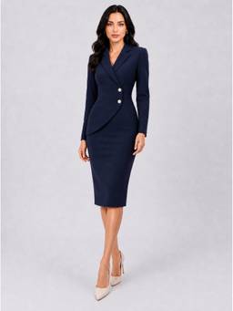 Powersutra - Women Navy Blue Stretch Blazer Dress