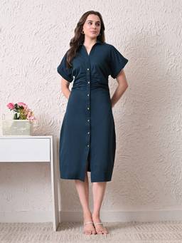 Ikonic Klaer - Women Teal Solid Shirt Midi Dress