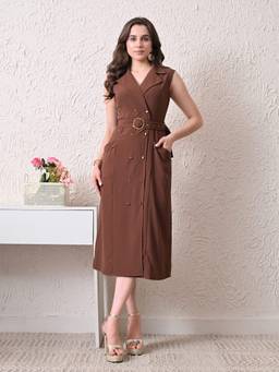 Ikonic Klaer - Women Brown Solid Sleeveless Blazer Midi Dress