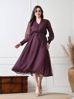 Ikonic Klaer - Women Purple Solid Long Sleeve Midi Dress