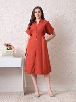 Ikonic Klaer - Women Rust Solid Shirt Midi Dress