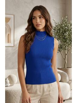 LASOON - Blue Trendy Ribbed Sleeveless Knit Bodycon Casual Fashion Top
