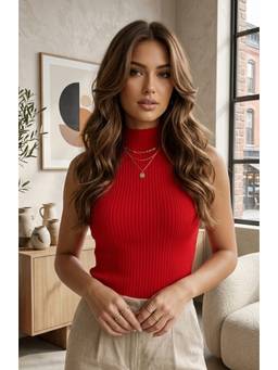 LASOON - Red Trendy Ribbed Sleeveless Knit Bodycon Casual Fashion Top