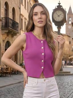 LASOON - Pink Women’s Textured Button-Front Sleeveless Crop Top
