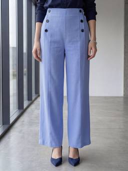 PURVAJA - Blue Relaxed Below Knee Pleated Solid Regular Trouser