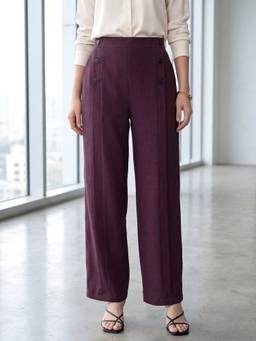 PURVAJA - Wine Relaxed Below Knee Pleated Solid Regular Trouser