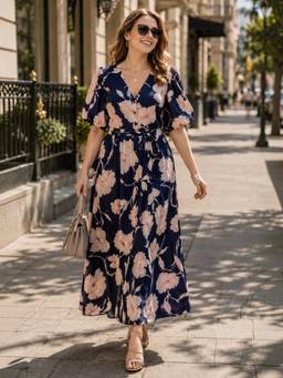 Oxolloxo - Women Blue Rayon Floral Print V- Neck Short Sleeve Dress