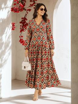 Oxolloxo - Women Multicolor Printed V- Neck Long Sleeve Flare Maxi Dress