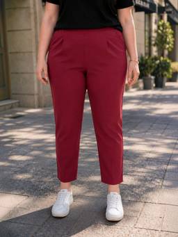 Oxolloxo - Women Plus Size Solid Maroon Elasticated Pant